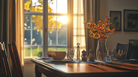 A dining setup with a polished brown table, elegant chairs, and a window pane framed in warm brown hues reflecting soft daylight.の素材
