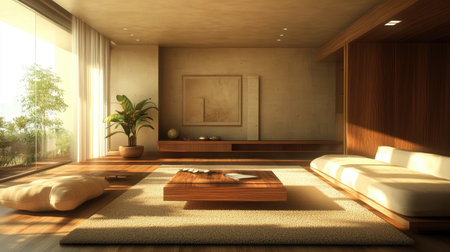 A minimalist living room with wooden accents, a sleek coffee table, a cozy rug, and a soft cream sofa.の素材