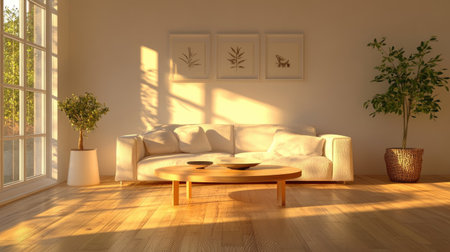 A Scandinavian-style living room with minimal decor, a comfy couch, a simple coffee table, and warm wooden flooring.の素材