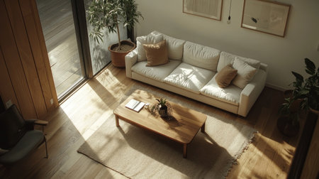 A Scandinavian-style living room with minimal decor, a comfy couch, a simple coffee table, and warm wooden flooring.の素材