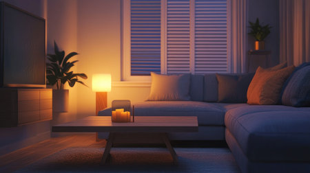 A modern minimalist living room with a gray sofa, a wooden coffee table, and soft ambient lighting creating a warm, inviting vibe.の素材