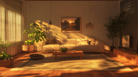 A cozy living room with minimalistic furniture, a plush area rug, and a single green plant for a touch of nature.の素材