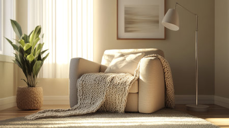 A small but cozy living room corner featuring a neutral armchair, a knit throw blanket, and a simple floor lamp.の素材