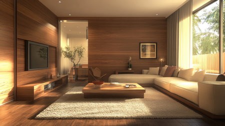 A minimalist living room with wooden accents, a sleek coffee table, a cozy rug, and a soft cream sofa.の素材