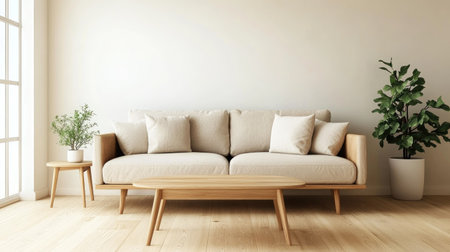 A Scandinavian-style living room with minimal decor, a comfy couch, a simple coffee table, and warm wooden flooring.の素材