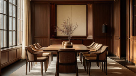 A warm, elegant dining scene with brown-paneled windows, a polished table, and minimalist chairs arranged neatly.の素材