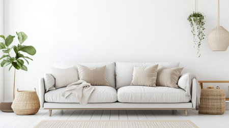 A serene living room with white walls, minimal furniture, a soft couch with throw pillows, and a neutral color scheme.の素材