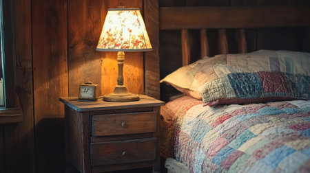 Rustic bedroom with a warm-glowing vintage lamp on a nightstand, next to a neatly made bed with a patchwork quilt.の素材