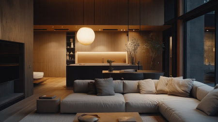 A modern living room with minimal furniture, soft cushions on a gray sofa, and a warm, inviting ambiance.の素材