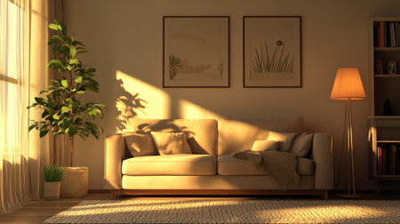 A simple yet cozy living room with neutral-toned decor, a single lamp casting warm light, and a touch of greenery.の素材