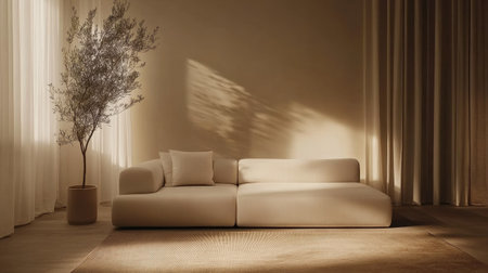 A stylish minimalist living room featuring a cream sofa, a single indoor plant, and soft lighting for a cozy atmosphere.の素材