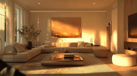 A warm and inviting living room with minimalistic furniture, neutral colors, and a comfy sofa perfect for relaxation.の素材