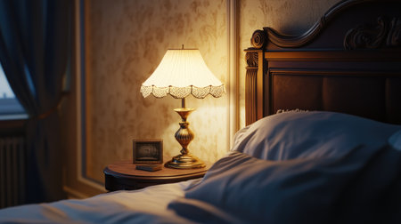 Classic bedroom with a vintage-style lamp glowing warmly on a nightstand, illuminating a perfectly made bed.の素材
