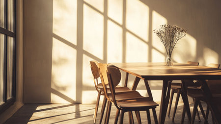 A sleek wooden table and chairs positioned near a window pane with rich brown tones, casting warm shadows in a minimalist space.の素材