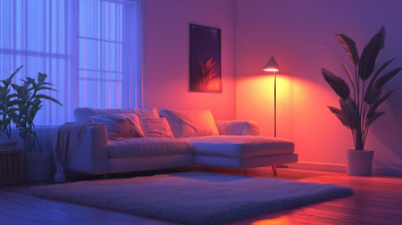 A cozy living room with a minimalist vibe, featuring a plush sofa, a soft rug, and a floor lamp for ambient lighting.の素材