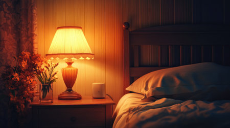 A soft-glowing lamp on a nightstand beside a bed made with crisp linens and a fluffy duvet, creating a serene vibe.の素材