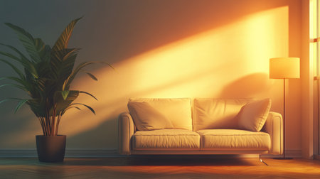 A stylish minimalist living room featuring a cream sofa, a single indoor plant, and soft lighting for a cozy atmosphere.の素材