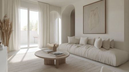 A serene living room with white walls, minimal furniture, a soft couch with throw pillows, and a neutral color scheme.の素材