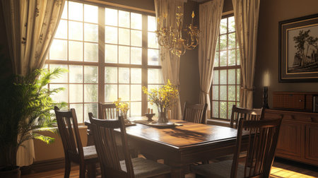 A cozy dining area with elegant brown-toned window panes, a wooden table, and matching chairs bathed in warm sunlight.の素材