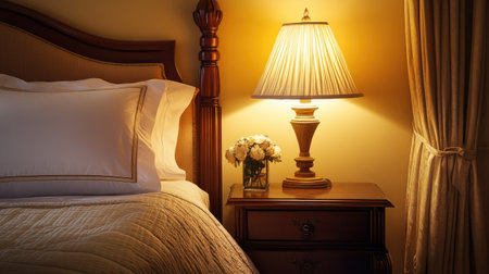 Elegant bedroom featuring a warm-glowing lamp on a wooden nightstand, next to a neatly arranged bed with soft pastel linens.の素材