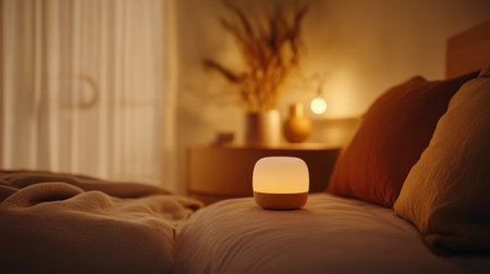 A softly glowing bedside lamp casting a warm light over a neatly made bed with neutral-colored bedding.の素材