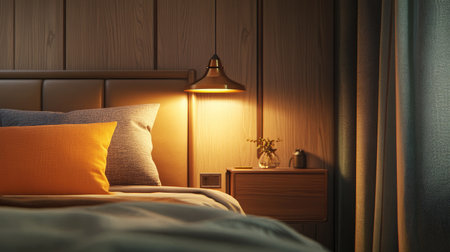 Modern bedroom featuring a warm bedside lamp and a neatly made bed with accent pillows and a throw blanket.の素材