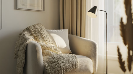 A small but cozy living room corner featuring a neutral armchair, a knit throw blanket, and a simple floor lamp.の素材