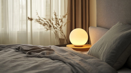 A small, round bedside lamp glowing warmly beside a neatly made bed with gray and beige decor.の素材