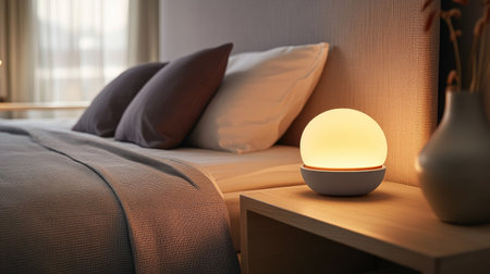 A small, round bedside lamp glowing warmly beside a neatly made bed with gray and beige decor.の素材