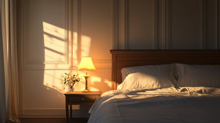 Warmly lit bedroom scene with a neat bed and a glowing bedside lamp, casting soft shadows on the wall.の素材