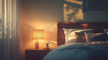 Warmly lit bedroom scene with a neat bed and a glowing bedside lamp, casting soft shadows on the wall.の素材