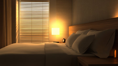 Minimalist bedroom setup with a neat bed and a modern lamp emitting warm light, creating a relaxing atmosphere.の素材