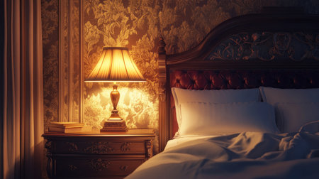 Classic bedroom with a vintage-style lamp glowing warmly on a nightstand, illuminating a perfectly made bed.の素材