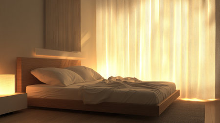 Minimalist bedroom setup with a neat bed and a modern lamp emitting warm light, creating a relaxing atmosphere.の素材