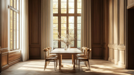 A warm, elegant dining scene with brown-paneled windows, a polished table, and minimalist chairs arranged neatly.の素材