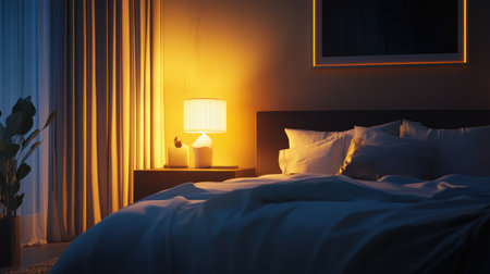 Modern bedroom setup with a sleek lamp glowing warmly, illuminating crisp, neatly arranged white sheets.の素材