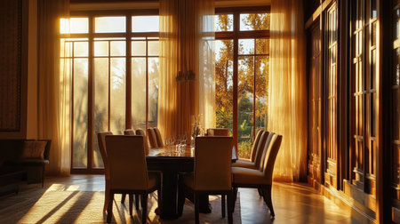 A stylish dining table with elegant chairs placed near large brown-toned window panes, with natural light enhancing the ambiance.の素材