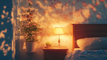 Warmly lit bedroom scene with a neat bed and a glowing bedside lamp, casting soft shadows on the wall.の素材