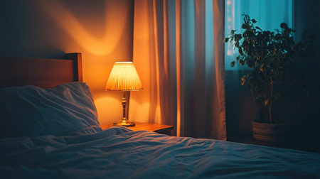 Minimalist bedroom setup with a neat bed and a modern lamp emitting warm light, creating a relaxing atmosphere.の素材