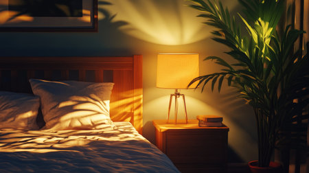 Warmly lit bedroom scene with a neat bed and a glowing bedside lamp, casting soft shadows on the wall.の素材