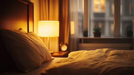 Scandinavian-style bedroom with a warm bedside lamp and a neatly made bed featuring light, minimalist bedding.の素材