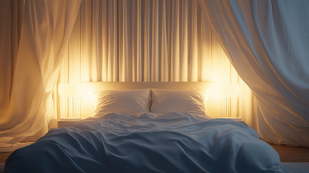 Modern bedroom setup with a sleek lamp glowing warmly, illuminating crisp, neatly arranged white sheets.の素材