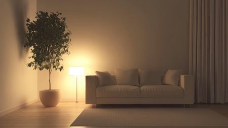 A stylish minimalist living room featuring a cream sofa, a single indoor plant, and soft lighting for a cozy atmosphere.の素材