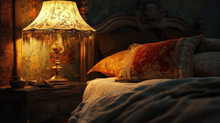 Warm, ambient bedroom scene with a glowing lamp beside a perfectly made bed with luxurious textiles.の素材