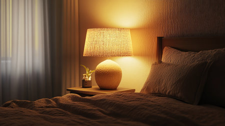 A softly glowing lamp with a textured shade beside a neatly made bed, surrounded by muted earth tones.の素材