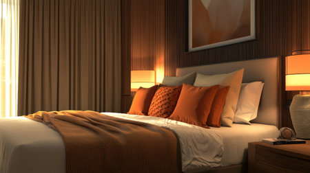 Modern bedroom featuring a warm bedside lamp and a neatly made bed with accent pillows and a throw blanket.の素材