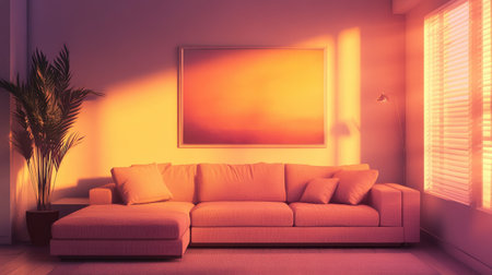 A cozy living room with minimalistic design, a comfy sectional sofa, warm lighting, and a single piece of wall art.の素材