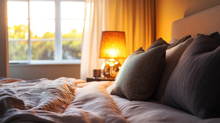 Contemporary bedroom with a sleek bedside lamp emitting warm light next to a neatly made bed with subtle decor.の素材