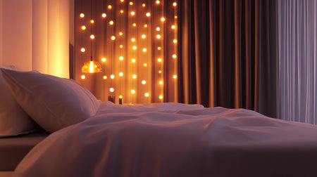 Modern bedroom setup with a sleek lamp glowing warmly, illuminating crisp, neatly arranged white sheets.の素材