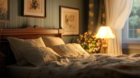 A softly glowing bedside lamp casting a warm light over a neatly made bed with neutral-colored bedding.の素材